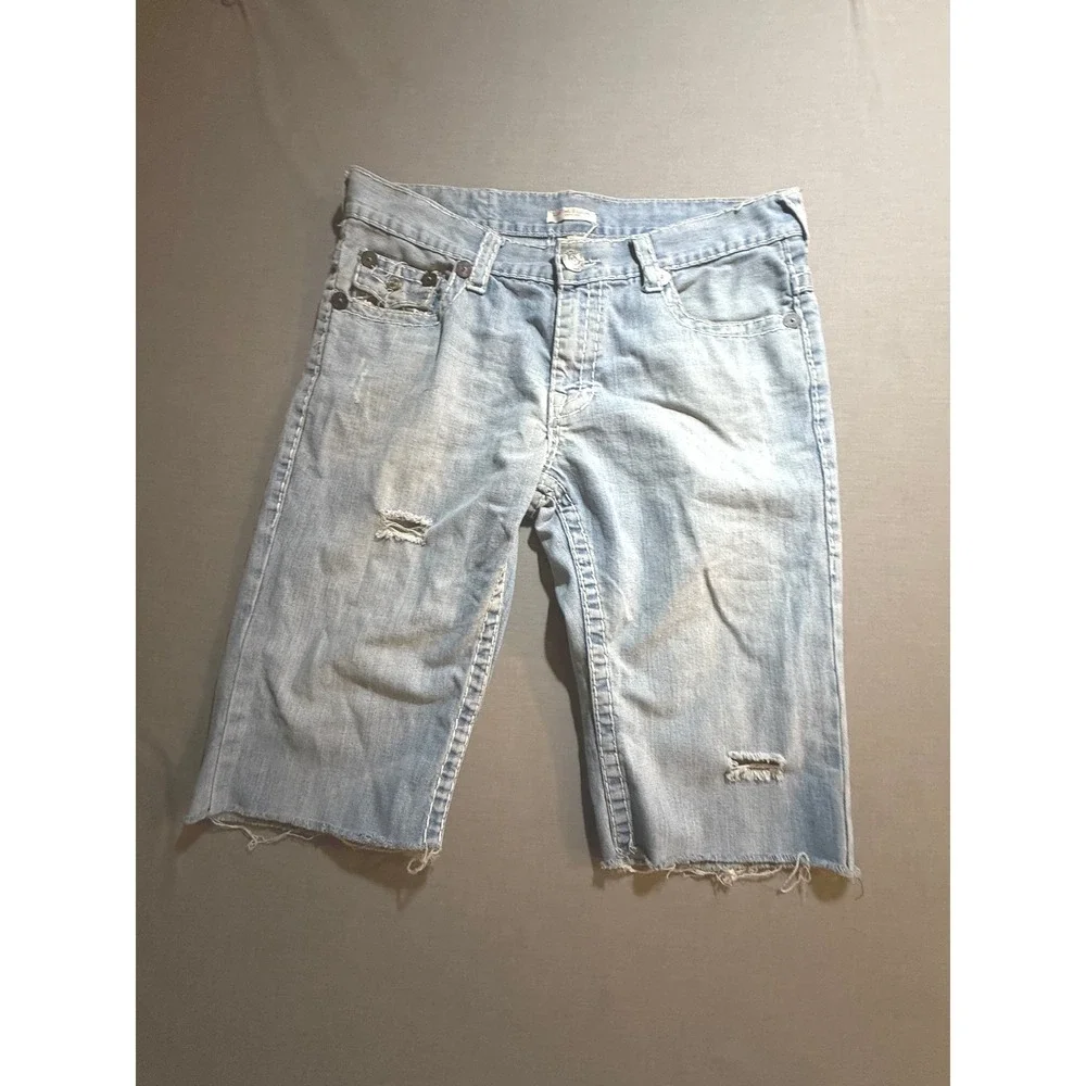 True Religion‎ Denim Limited Edition Distressed Cut Off Shorts Mens Blue 34x14